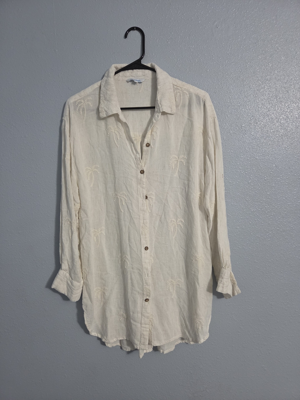 Blue Island Womens Linen Embroidered Collared Button-Up Blouse Beige L #97